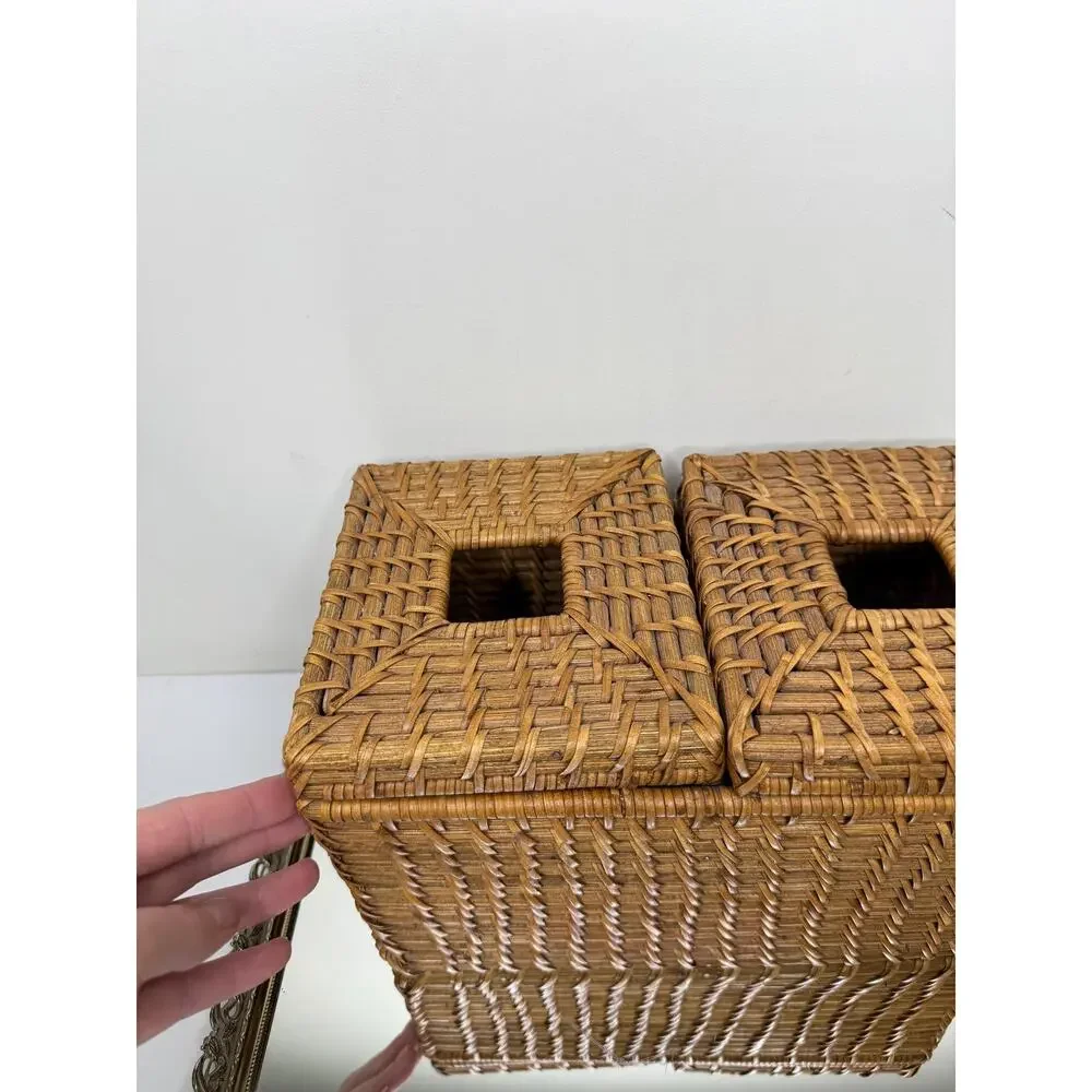 Vintage Boho Rectangular Wicker Storage Basket With Double Bins And Lids, Vintag